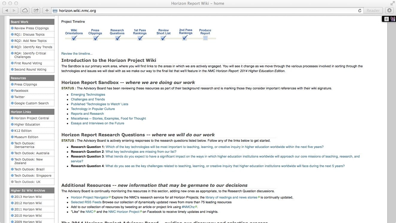 Das Wiki des Horizon Report mit den Phasen und den Forschungsfragen (Quelle: http://horizon.wiki.nmc.org/home, besucht 30.01.2014)