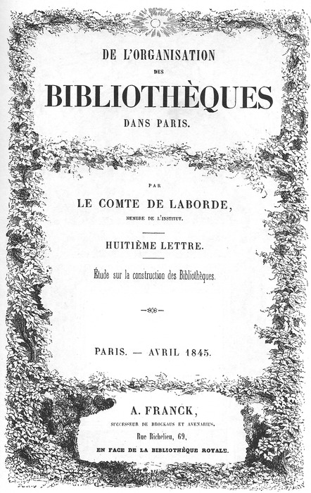 Abb. 2: Frontispiz des achten Briefes von Léon de Laborde über den Bau von Bibliotheken, 1845.