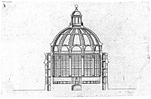 Abb. 7: Entwurf einer Bibliotheksrotunde für das Trinity College in Cambridge von Christopher Wren, 1670er Jahre.