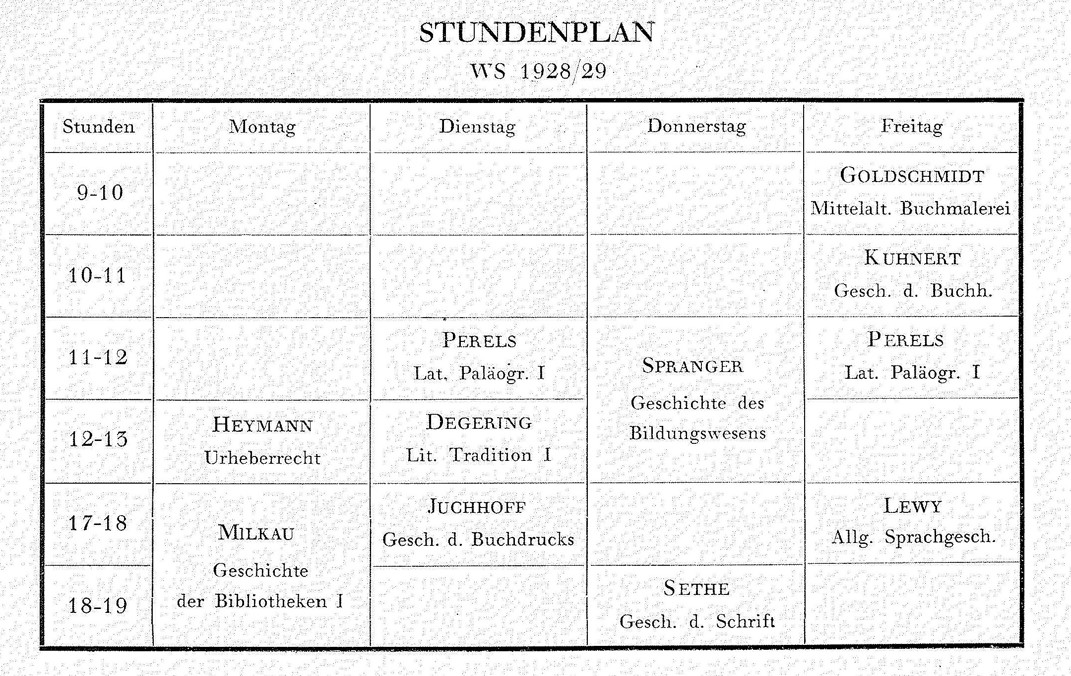 Stundenplan des Institutes für Bibliothekswissenschaft für das WS 1928/29