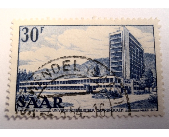 Briefmarke Saarland 1952: Neues Bibliotheksgebäude der Universität Saarbrücken