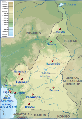 Übersichtskarte Kamerun. Kamerun ist in zehn Regionen unterteilt. Die größten Städte sind Duala, Jaunde und Bafoussam. Bildquelle: http://de.wikipedia.org/wiki/Kamerun CC-BY-SA.