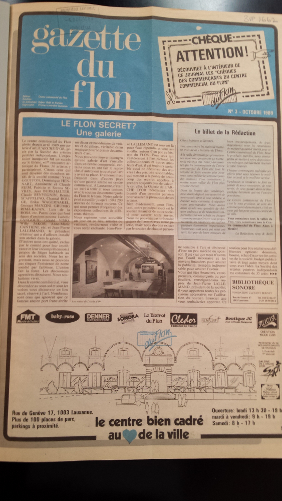 The 1989 issue of the gazette du flon mentioned above with the first article about the galleries at the Flon, one of the first signs of a cultural life in this neighborhood for commercial purposes.