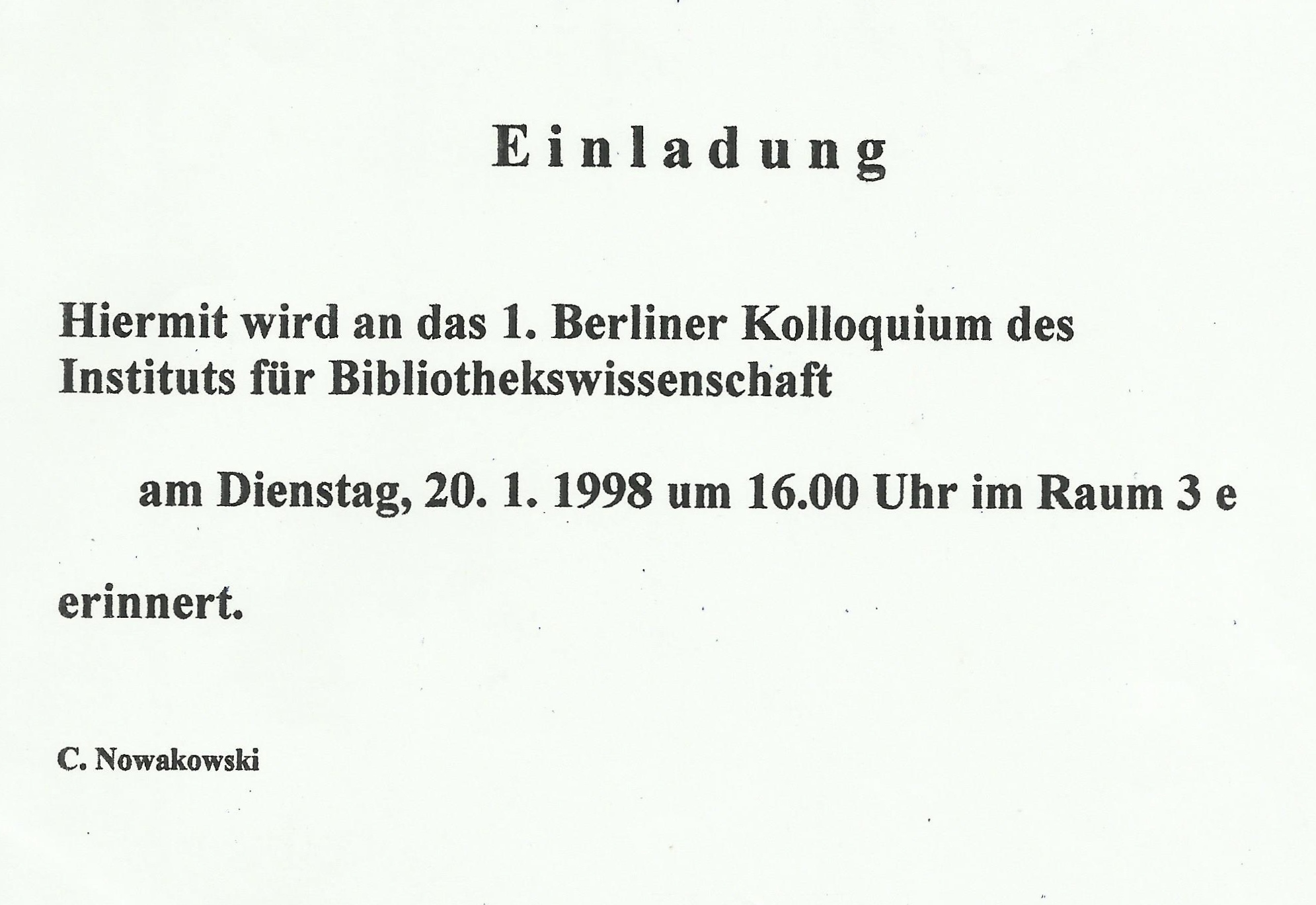 Einladung zum ersten BBK am 20.01.1998 (Quelle: Privatarchiv Dr. Gertrud Pannier