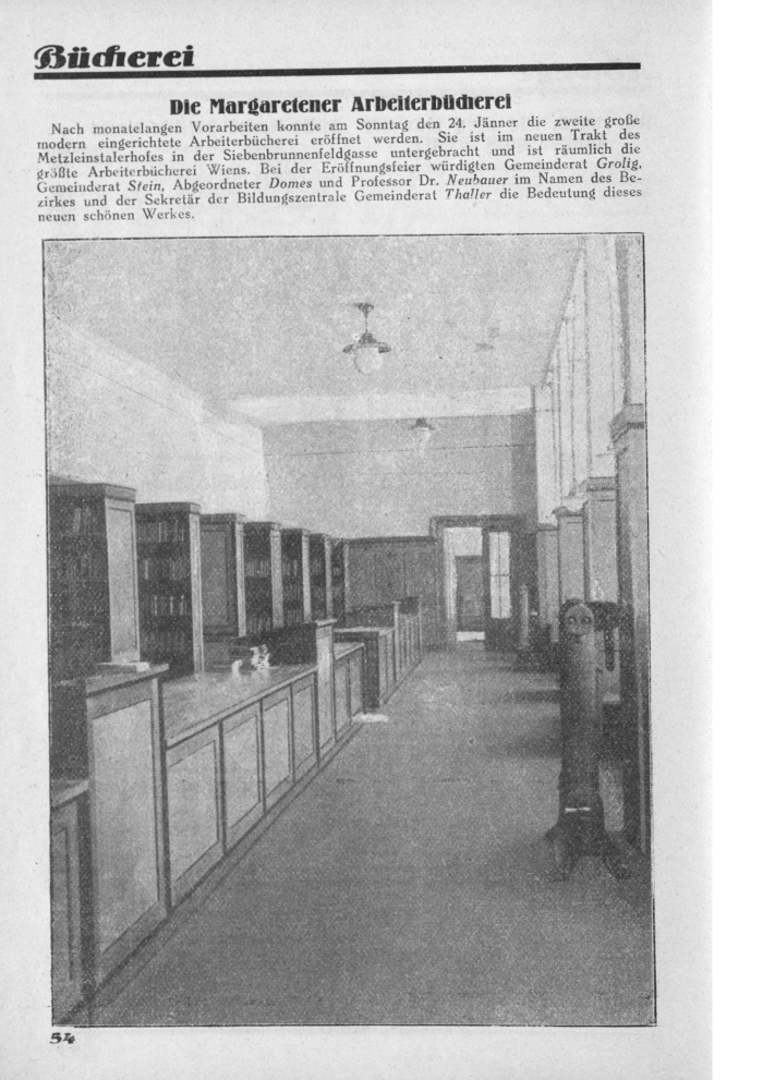 Blick in die 1926 eröffnete “Margaretener Arbeiterbücherei”, Wien (in: Bildungsarbeit. Blätter für sozialistisches Bildungswesen, XIII (1926) 3, 54 (Digitalisat der Österreichischen Nationalbibliothek)