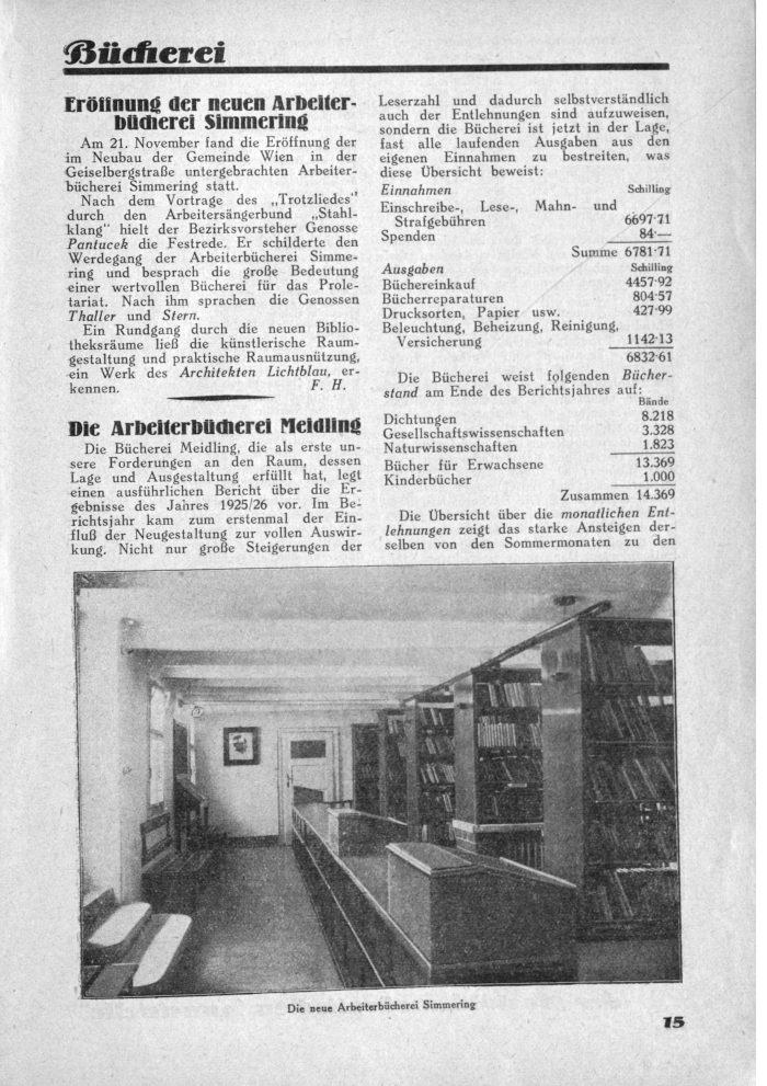 Blick in die “Arbeiterbücherei Simmering”, Wien (in: Bildungsarbeit. Blätter für sozialistisches Bildungswesen, XIV (1927) 1, 15 (Digitalisat der Österreichischen Nationalbibliothek)