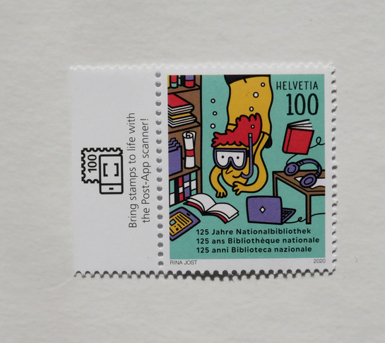 Briefmarke “125 Jahre Nationalbibliothek” aus der Schweiz