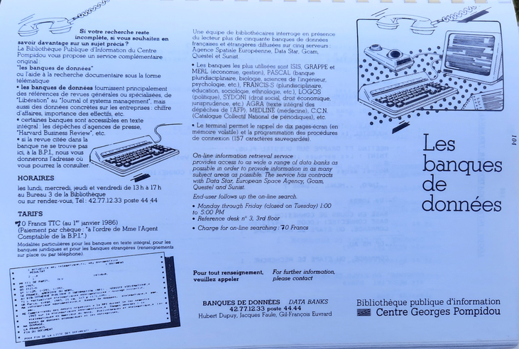Informationsblatt zu den Datenbankangeboten der BPI, inklusive der Abbildung eines Minitel, in: Bibliothèque publique d’information Centre Georges Pompidou: 1986