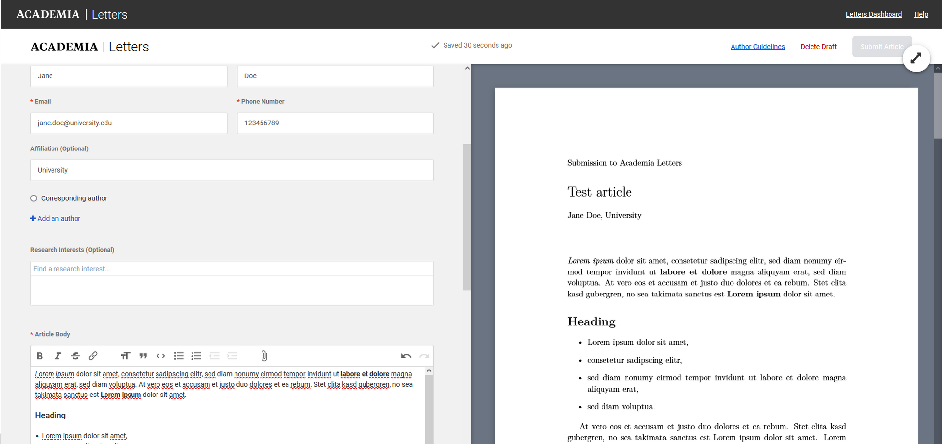 Abb. 2: Einreichungsmaske bei Academia Letters mit den Feldern zur Eingabe der Metadaten sowie des Textes auf der linken Seite und einer automatisch generierten Vorschau auf der rechten Seite.