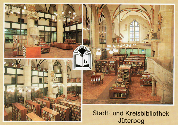 Abbildung 1: Ansichtskarte Stadt- und Kreisbibliothek Jüterbog. Reichenbach (Vogtland): BILD UND HEIMAT REICHENBACH (VOGTL). Farbfotos: Bild und Heimat (Darr), 1989. (A1/III/26/13 01 04 0844/05 K 300920/89)