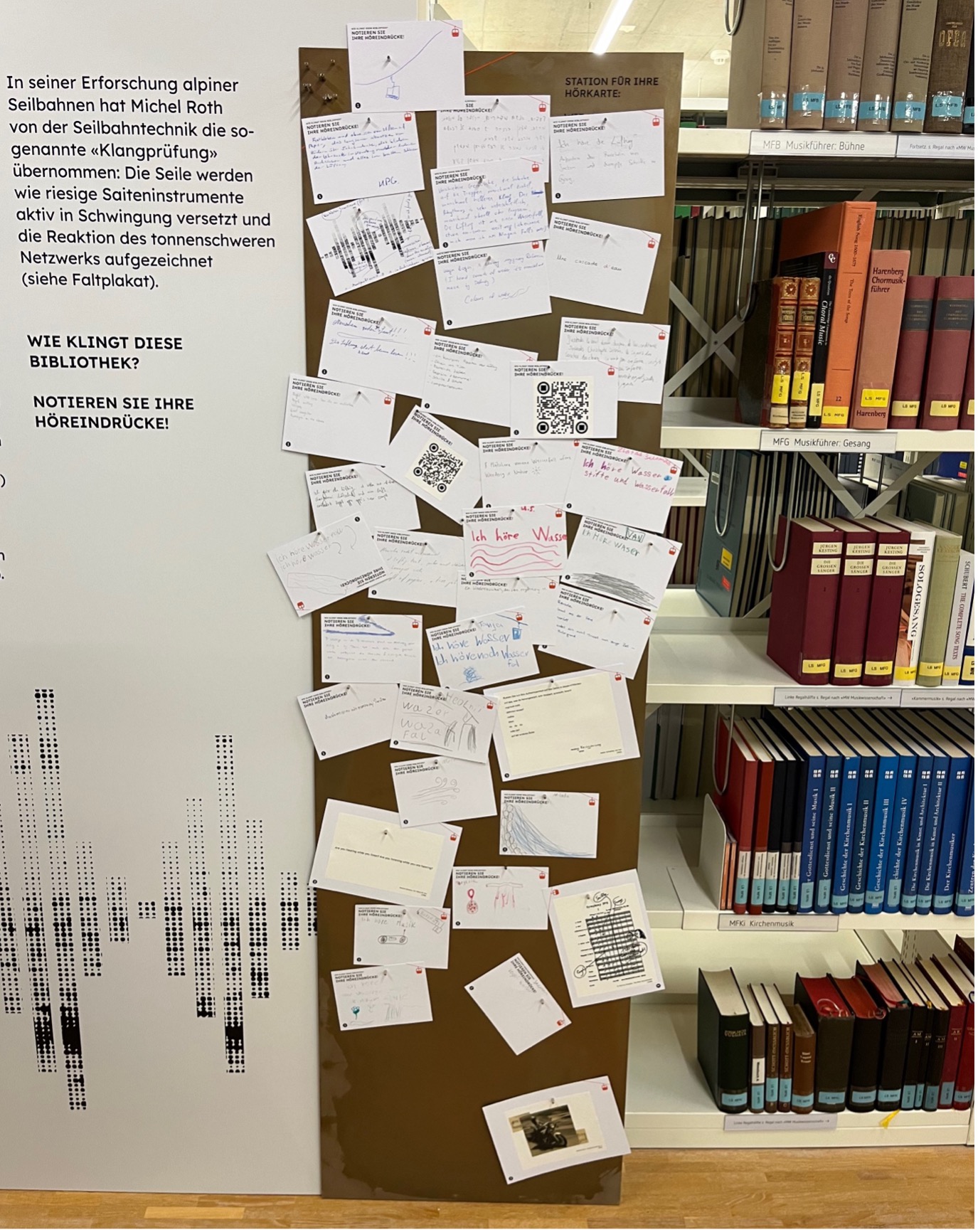 Abbildung 16: Eine Magnettafel mit beschrifteten Postkarten zum Klang der Vera Oeri Bibliothek. Foto: Michel Roth. (CC BY 4.0)